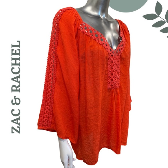 🛍️3/$40 Zac & Rachel Flowy Blouse with Eyelet Detail Boho Peasant Top Orange 2X - Picture 3 of 6